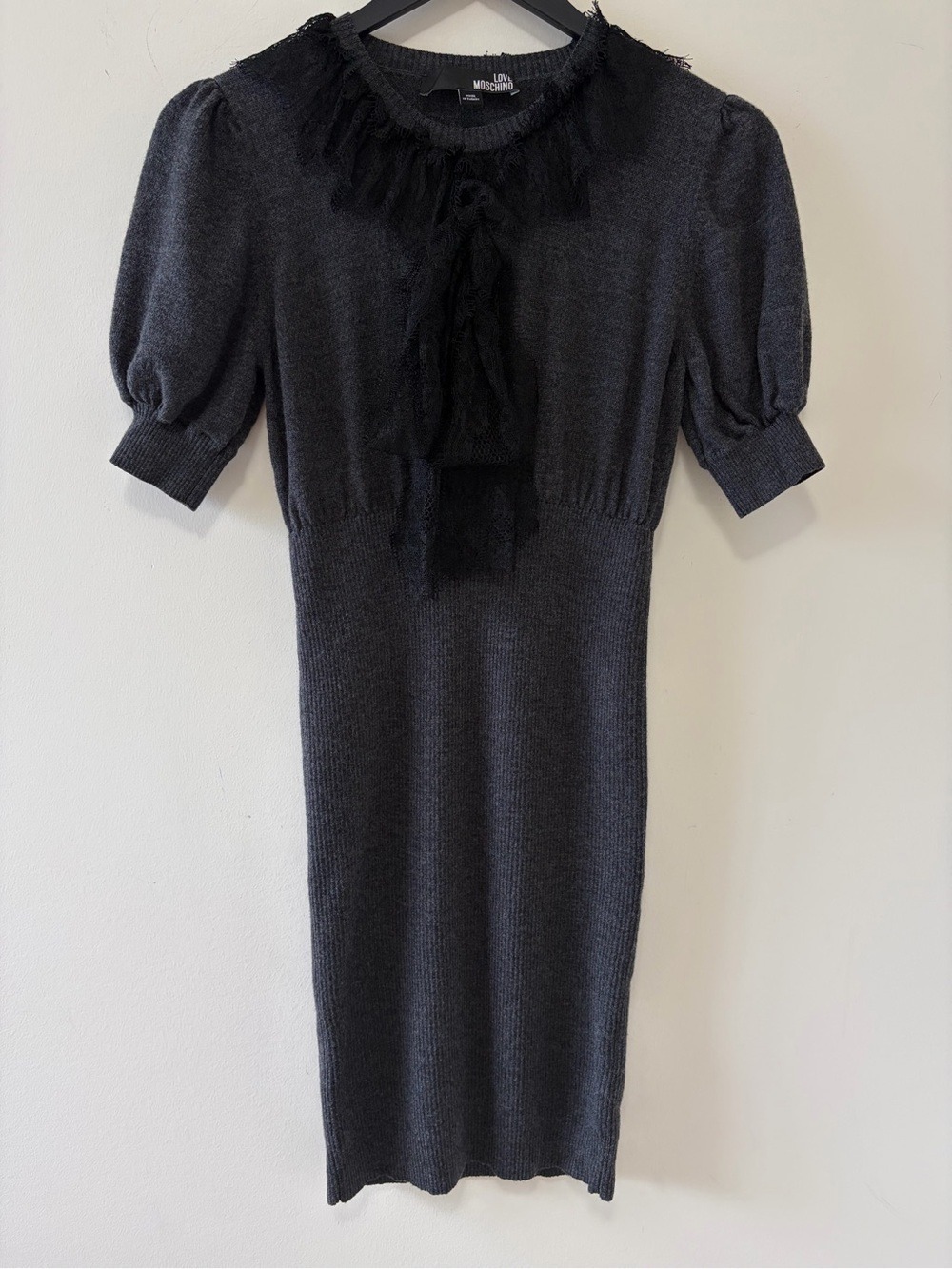 Love Moschino Wool Lace Collar Tie Front Sweater Dress Dark Romantic Cottage